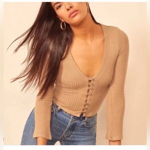 Reformation Gellar Knit Top ribbed V-Neck Long Sleeve Cardigan Sweater, Size: XS